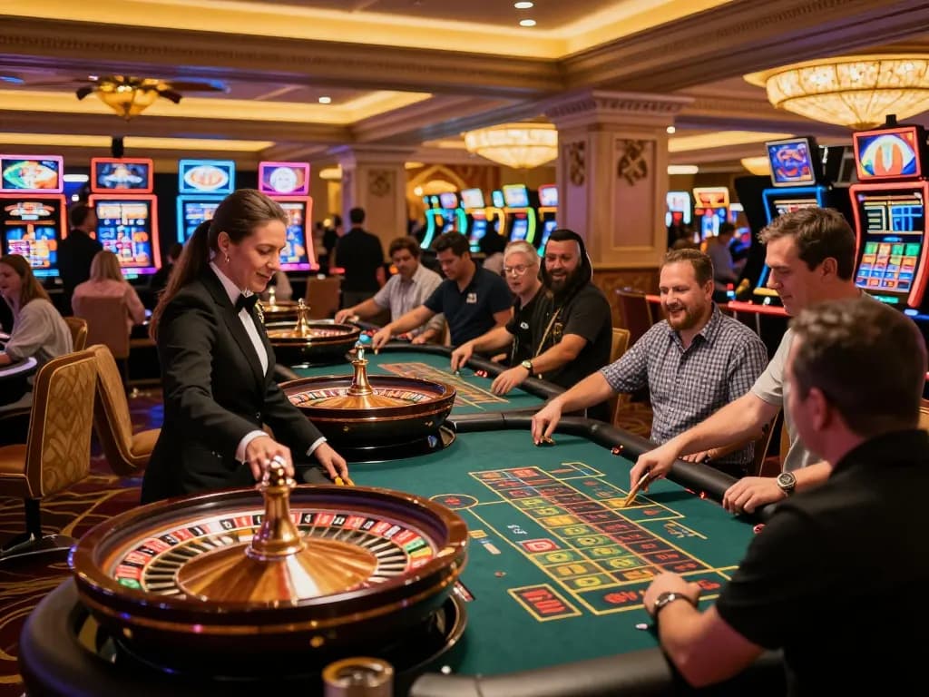 Engaged players and croupiers animate the keonhacai roulette tables at a lively Las Vegas casino.