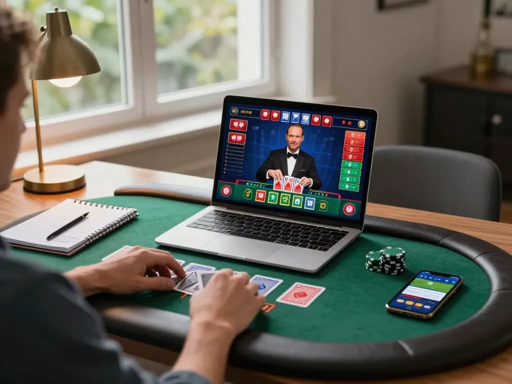 Engaged gambling enthusiast enjoying live dealer blackjack on gg88 com, showcasing strategy notes and betting apps.
