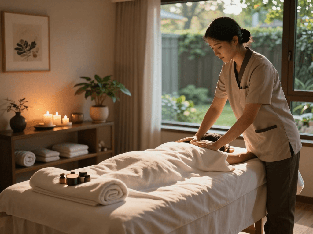Experience rejuvenating 안양출장마사지 therapy in a tranquil spa setting with soothing ambiance and calming elements.