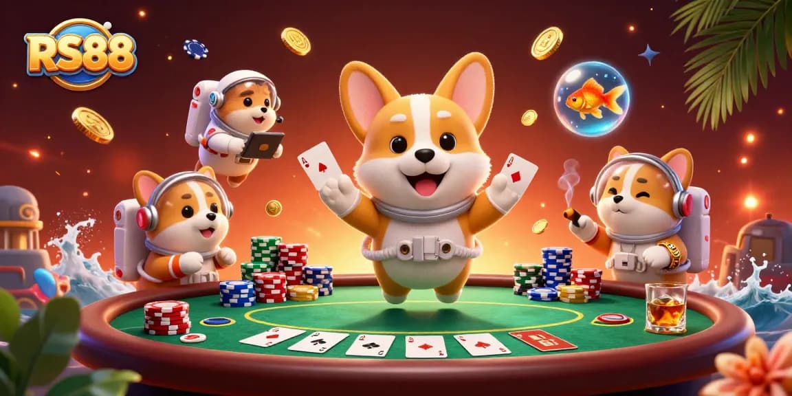 Experience thrilling gaming at RS88 with a corgi, hamster, and goldfish in a dynamic casino scene.