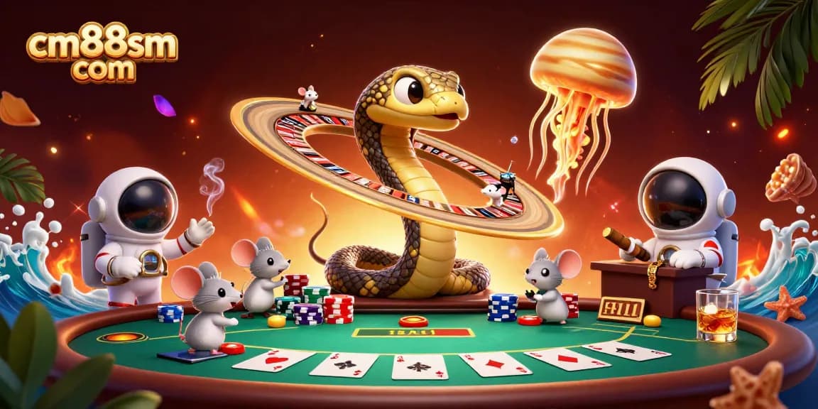 Experience thrilling bets at cm88sm com with a cosmic-themed casino scene featuring cartoon characters.