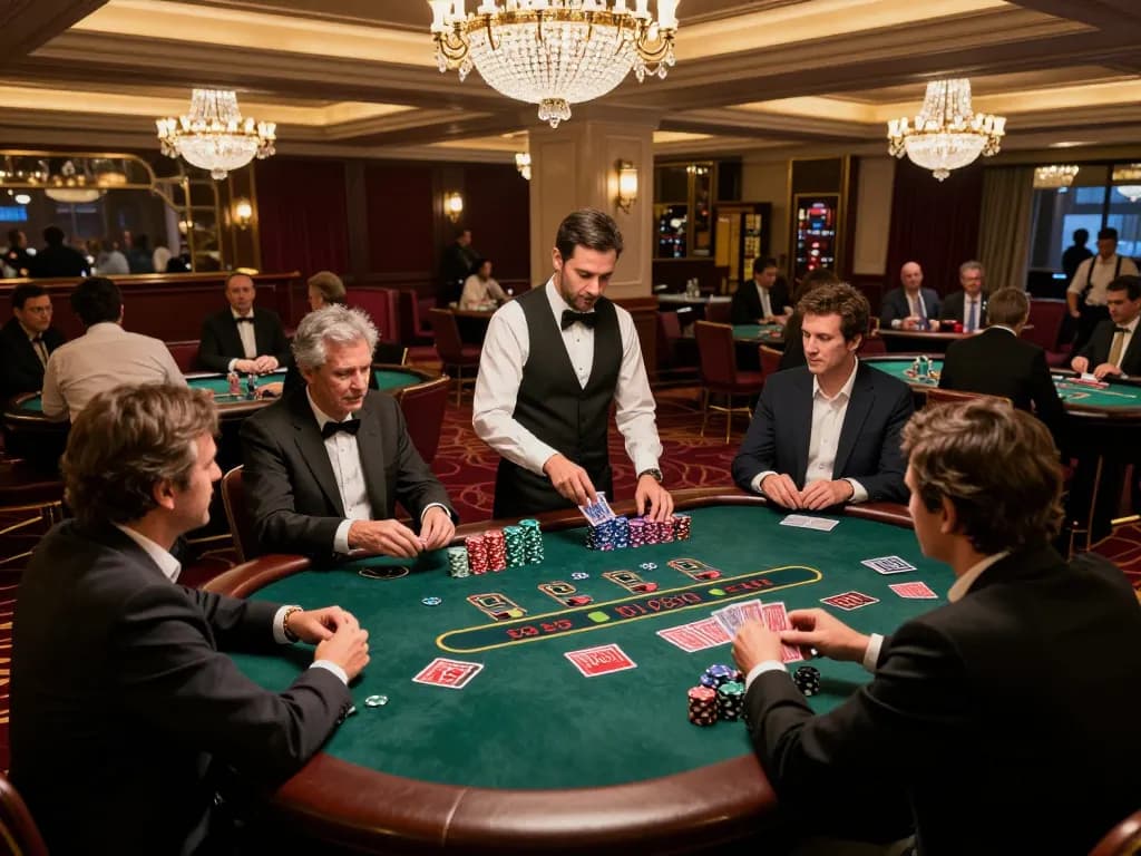 Experience high-stakes gambling at 78WIN blackjack table with engaging players and elegant casino atmosphere.