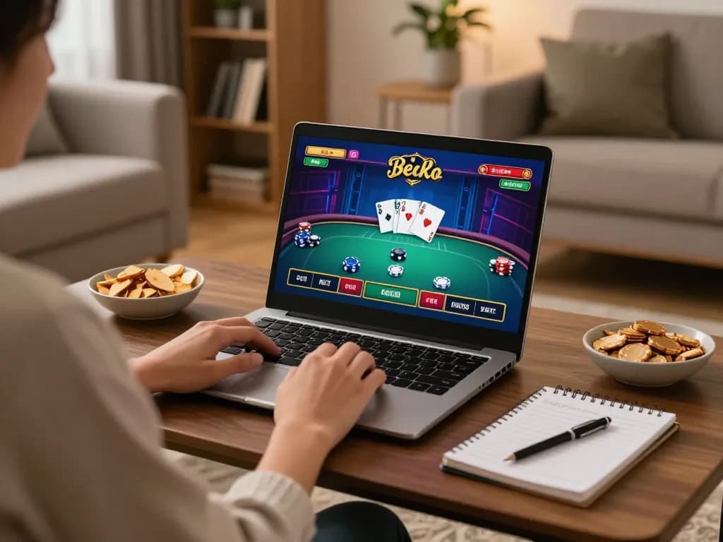 Engaging in online gaming at home during đăng nhập gg88 with chips and cards visible on the laptop screen.