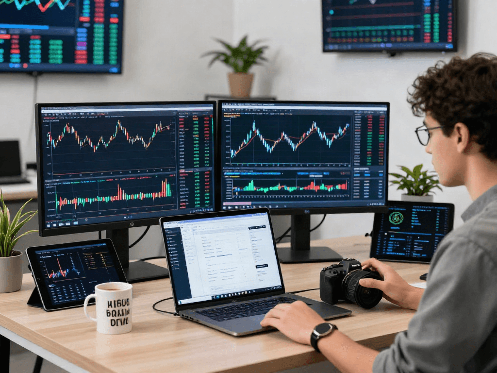 Un joven analizando el exchange cripto en pantallas duales, con un ambiente moderno y tecnológico.