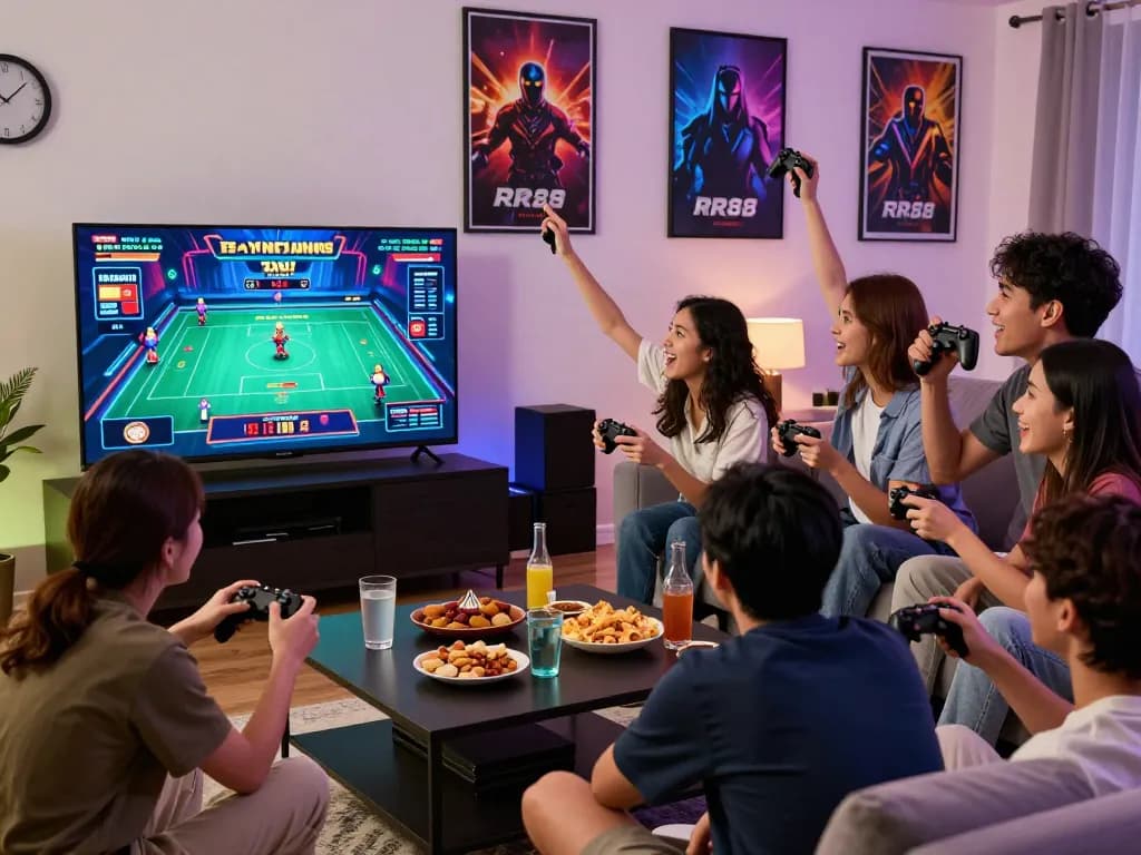 Exciting social gaming moment with friends engaging in competitive games at https://rr88c.mobi/ in a cozy living room.