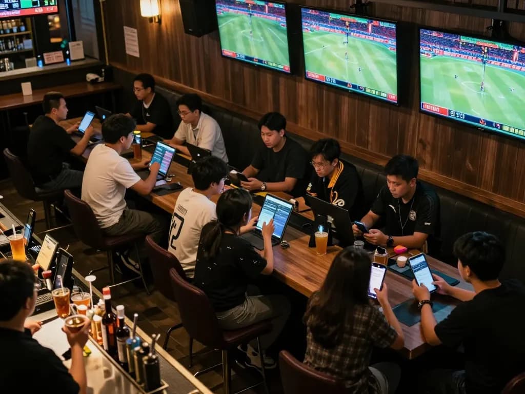 Engaging sports betting atmosphere with patrons actively using mobile apps and screens showing keo nha cai hom nay.