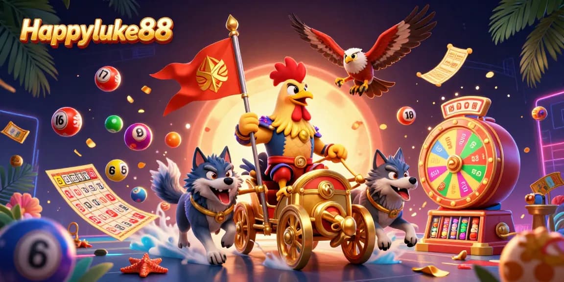 Engage with vibrant gaming elements and a golden war chariot in Happyluke88's animated scene.
