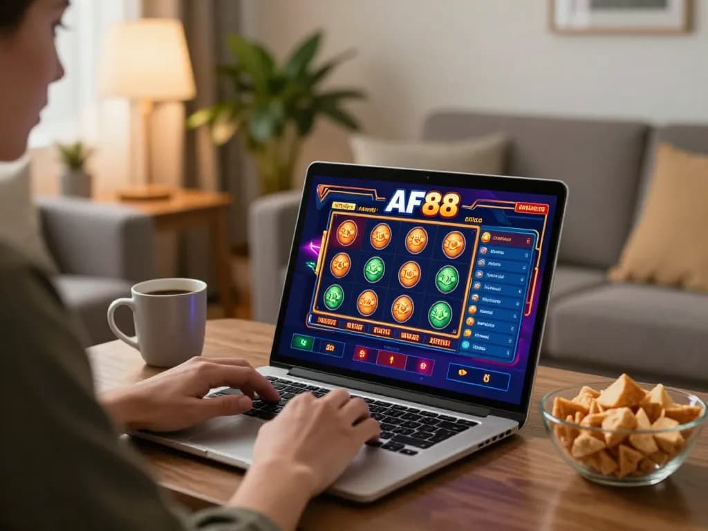 Engaging in AF88 online casino slots at home, showcasing a vibrant gaming interface and relaxed atmosphere.