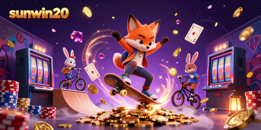 Experience the excitement of sunwin20 with a vibrant 3D casino scene featuring animated characters, golden coins, and casino symbols.