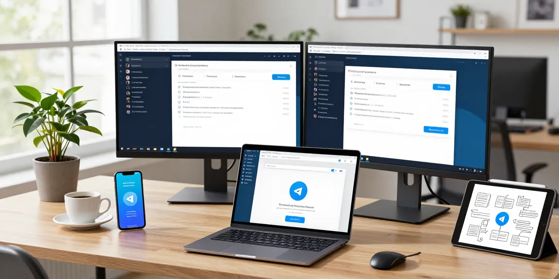Explore Telegram网页版 on a sleek laptop in a modern workspace with chat threads and a productive atmosphere.
