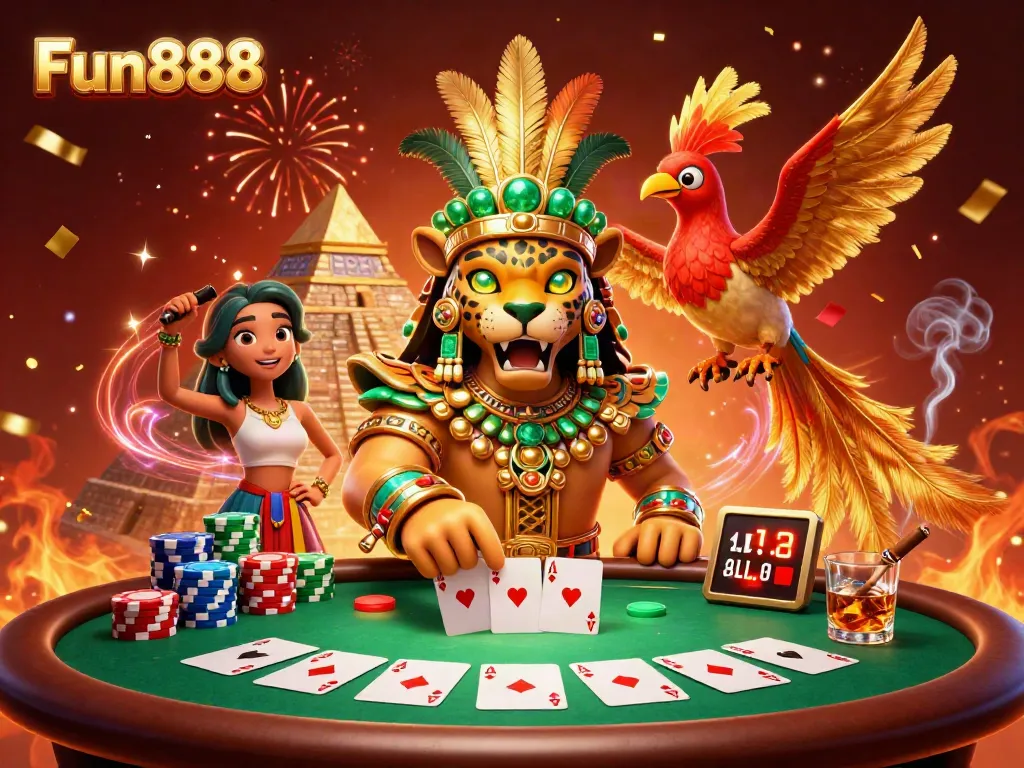 Experience fun and excitement with Fun888 in a vibrant casino scene featuring poker elements and a Mayan theme.