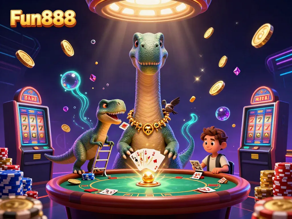 Experience thrilling casino action with Fun888, featuring vibrant dinosaur characters and dynamic game elements.