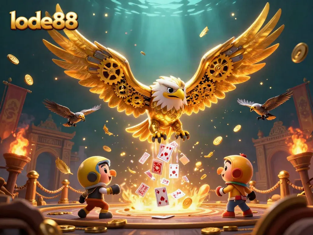 Lode88's dynamic online casino scene featuring a diving golden eagle and holographic playing cards, showcasing rich gaming elements.