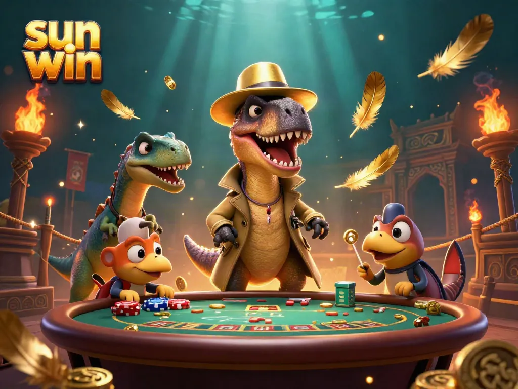 Experience the sun win excitement with a velociraptor at a blackjack table amidst vibrant casino elements.