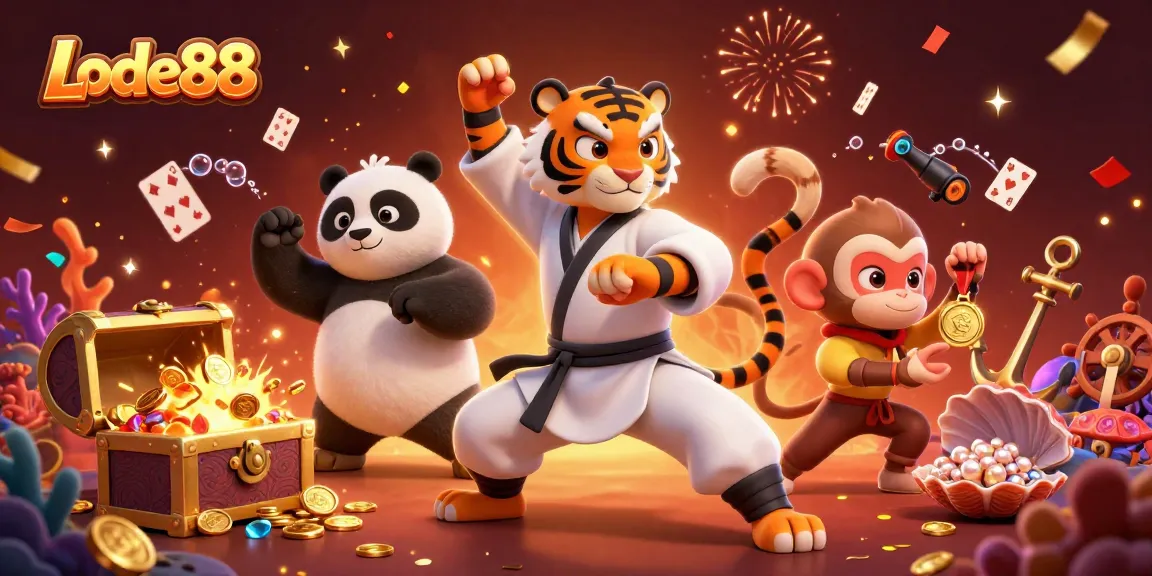 Lode88 showcases a lively 3D scene with tiger and panda mastering their crane stance, amidst vibrant casino elements.
