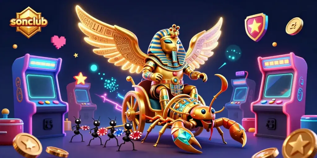 Experience thrilling gameplay with sonclub, featuring a golden scarab chariot amidst colorful arcade machines.