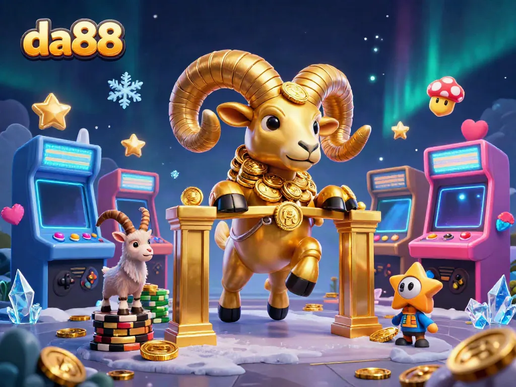 Experience thrilling bets at da88 with a captivating illustration of a golden ram charging through a shimmering casino landscape.