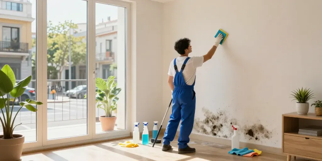 Limpieza de moho en Barcelona, profesional eliminando moho en una pared con productos de limpieza en un ambiente luminoso.