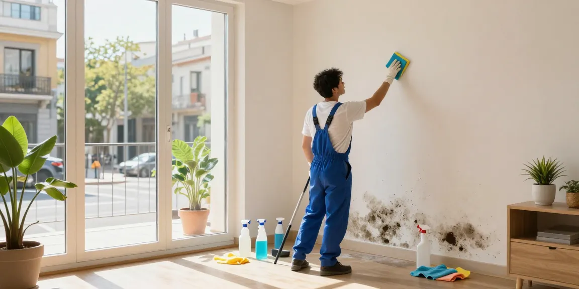 Limpieza de moho en Barcelona, profesional eliminando moho en una pared con productos de limpieza en un ambiente luminoso.