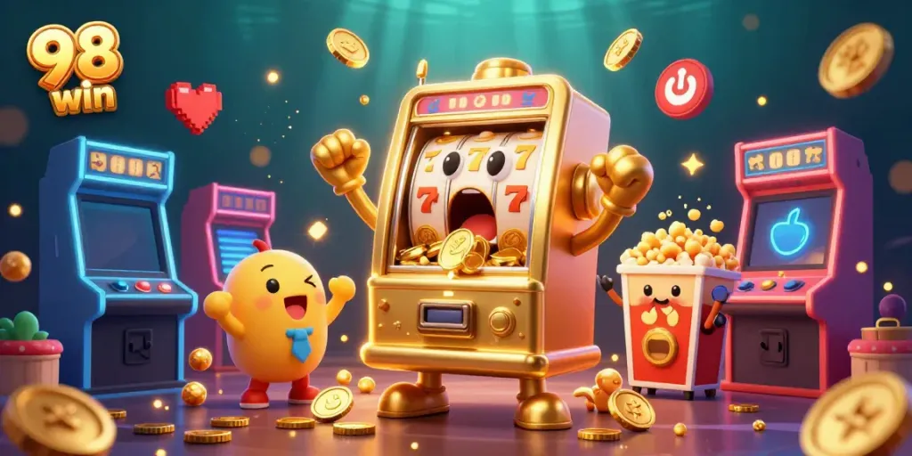 Win big with 98 win as golden slot machines hit jackpots in a vibrant arcade setting.