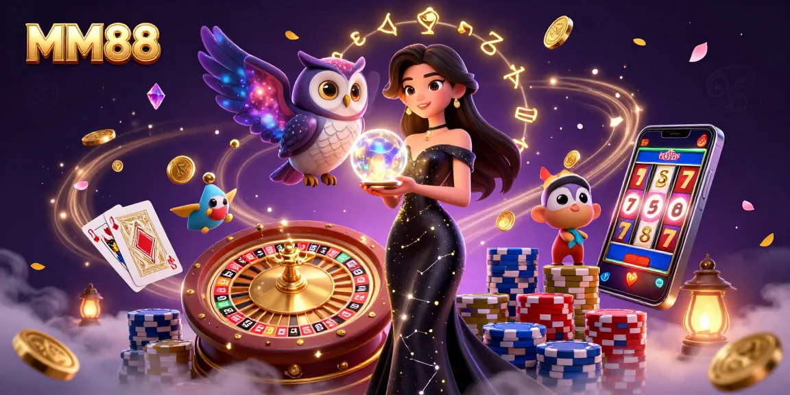 Experience MM88's captivating online casino with a mystical theme showcasing a glamorous woman and magical owl.