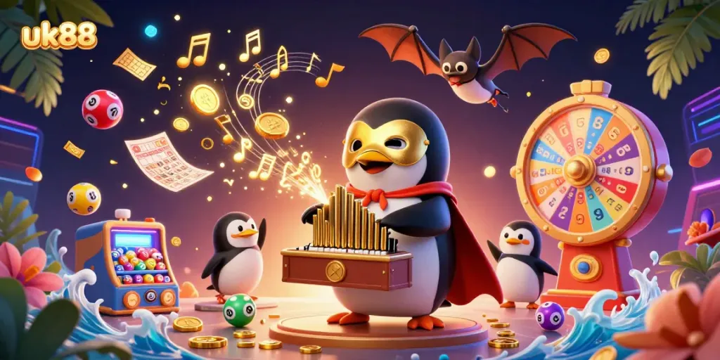 Experience the thrill of uk88 with a vibrant 3D scene of a cartoon penguin engaging in a casino-themed celebration.