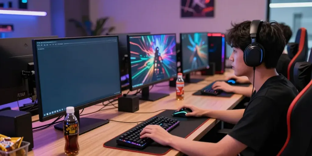 Engaged player at a gaming desk enjoying vibrant gameplay on https://nbet.group/ platform.