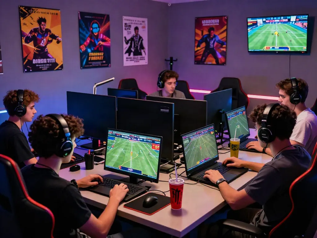 Exciting gaming scene with friends wagering at https://man88.hair/ in a modern gaming room.