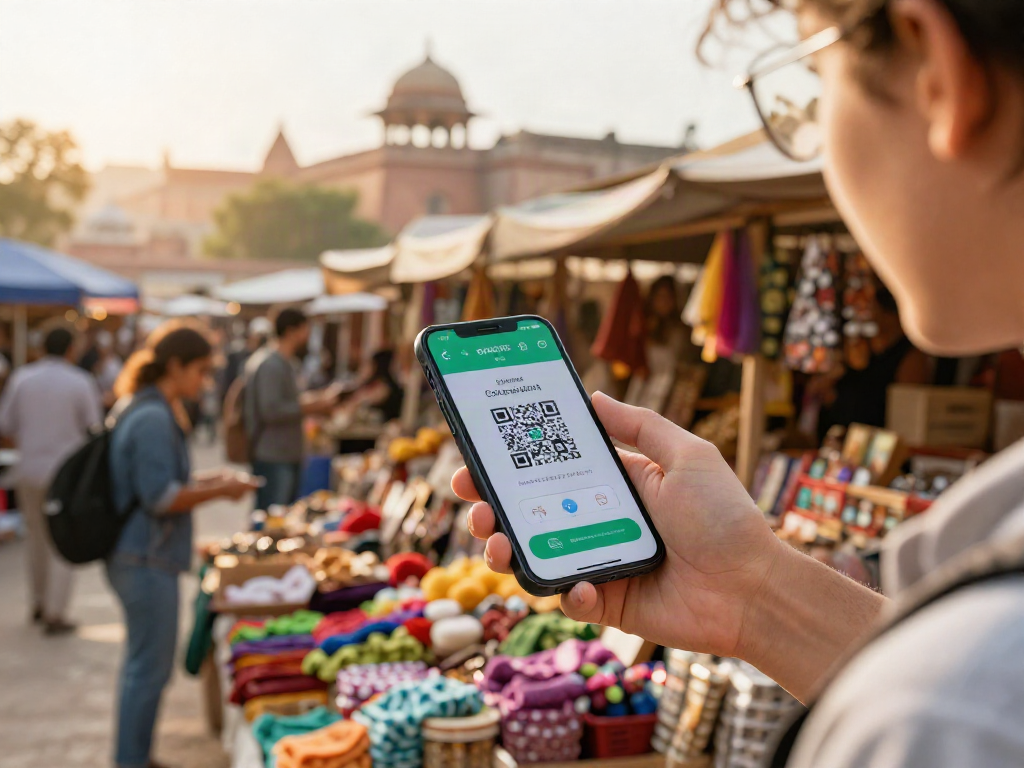 Pagando en un mercado local en Rusia con https://payinrussia.com/ mediante un código QR, rodeado de productos vibrantes.