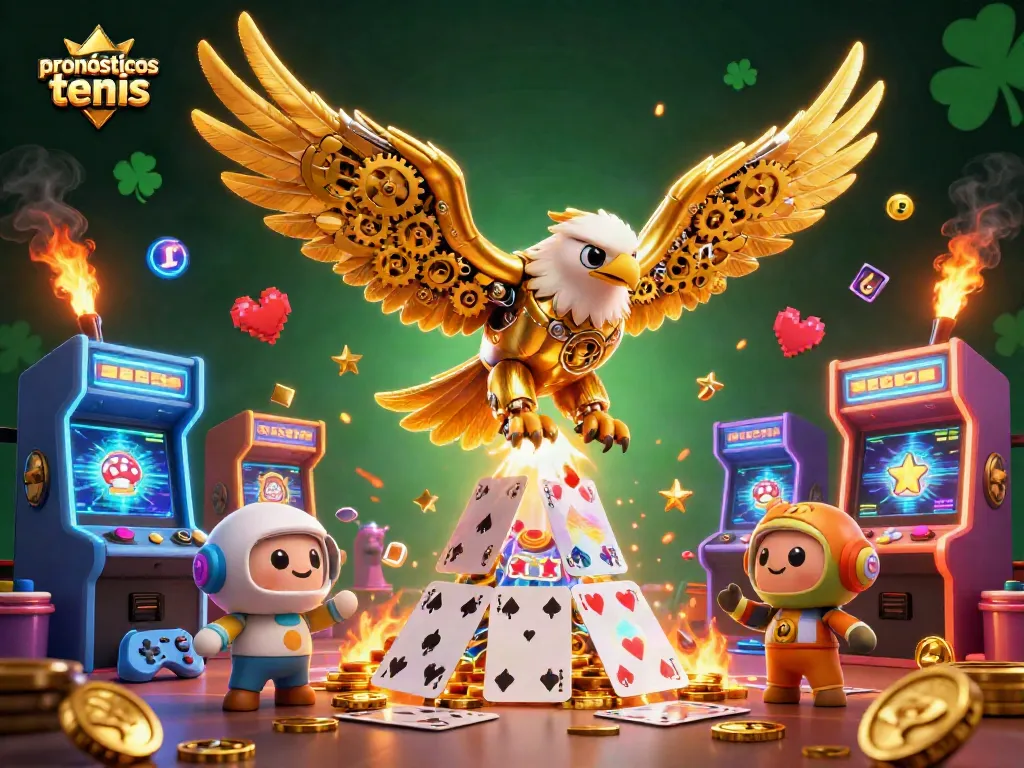Pronósticos de tenis con un águila dorada cibernética entre cartas holográficas y elementos de juego vibrantes.