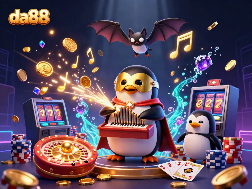 Experience thrilling gameplay at da88 with dynamic casino visuals featuring a penguin and golden elements.