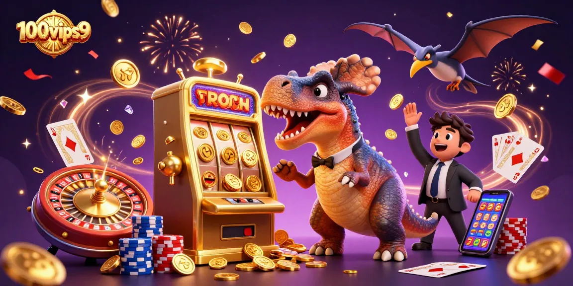 Experience jackpot excitement with 100vips9 as a cartoon pachycephalosaurus triggers a winning slot machine!