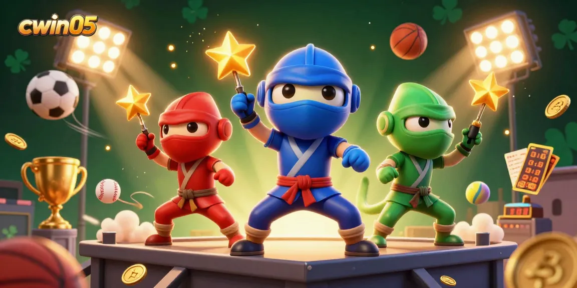 Cwin05 showcases a vibrant 3D illustration of ninja chameleons amidst sports betting elements, enhancing the excitement of online gambling.