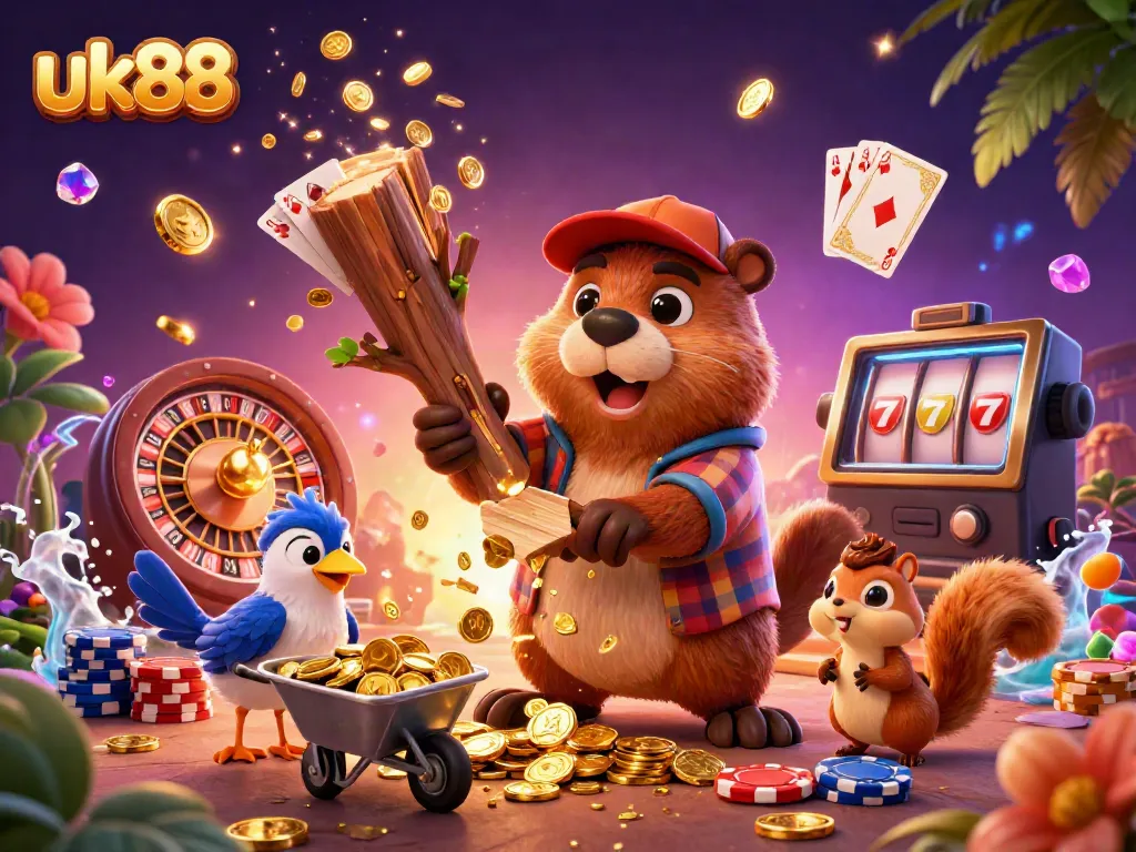 Experience the excitement of UK88 with vibrant casino treasures raining down, featuring beaver and bird characters.