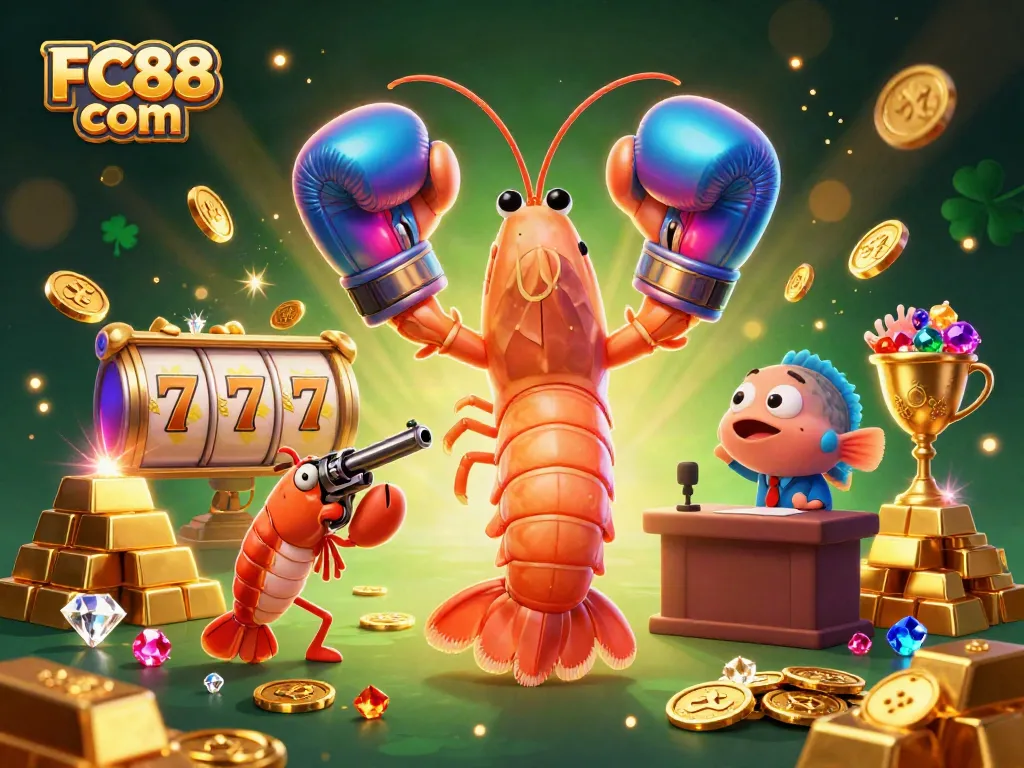 Experience the vibrant action of online gambling with FC88 com, featuring colorful slot reels and dynamic sea creature characters.