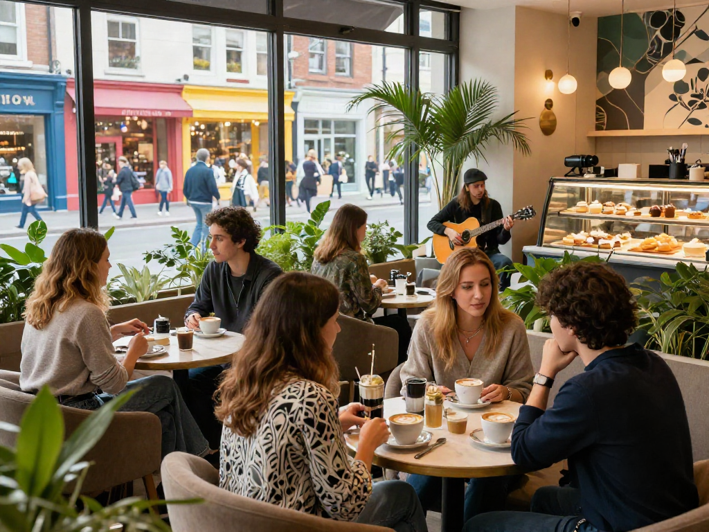 Social gathering at a café featuring rokok88 lifestyle trends, stylish outfits, and vibrant urban decor.