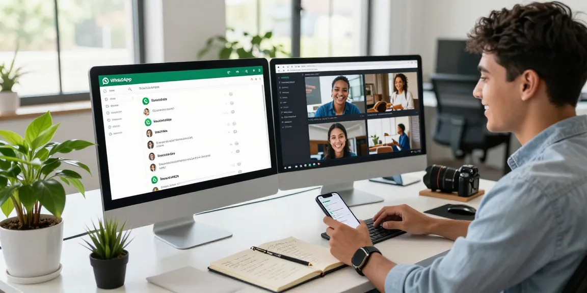 Modern workspace using WhatsApp電腦版 on desktop with vibrant tech elements.