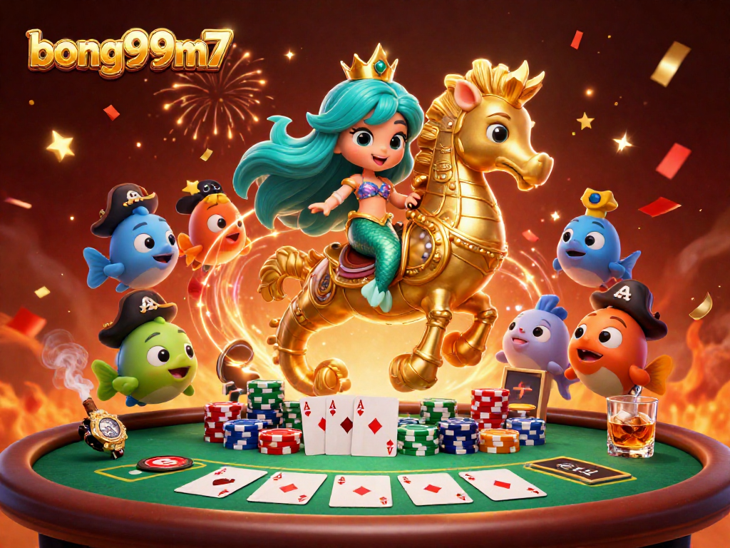 Experience the excitement of bong99m7 with a vibrant scene of a mermaid princess and poker glory!