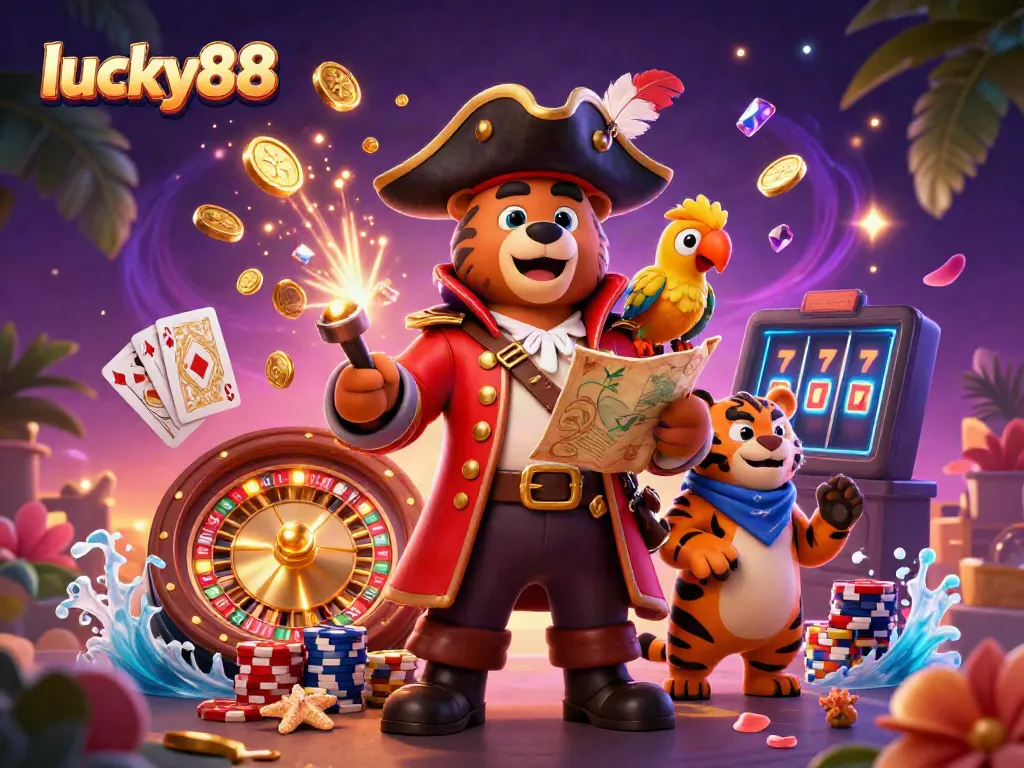 Engage with lucky88 in this vibrant casino scene featuring a pirate bear, fierce tiger, and treasure elements.