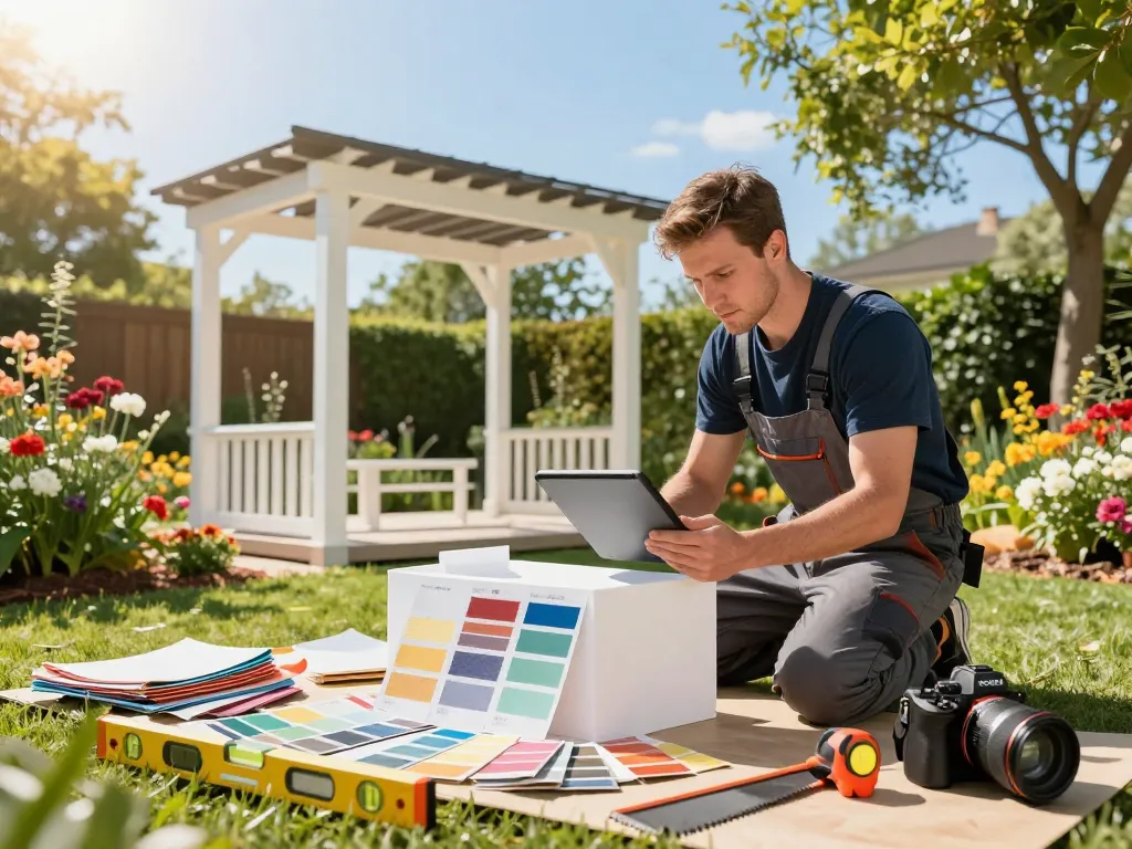 Software para instaladores de verandas mostrado mientras un instalador configura una pérgola 3D en un jardín vibrante.