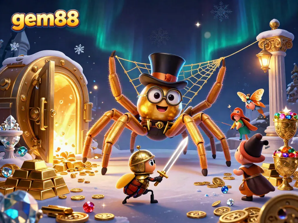 Engaging gem88 casino scene with a golden tarantula, beetle knight, and stunning treasures.