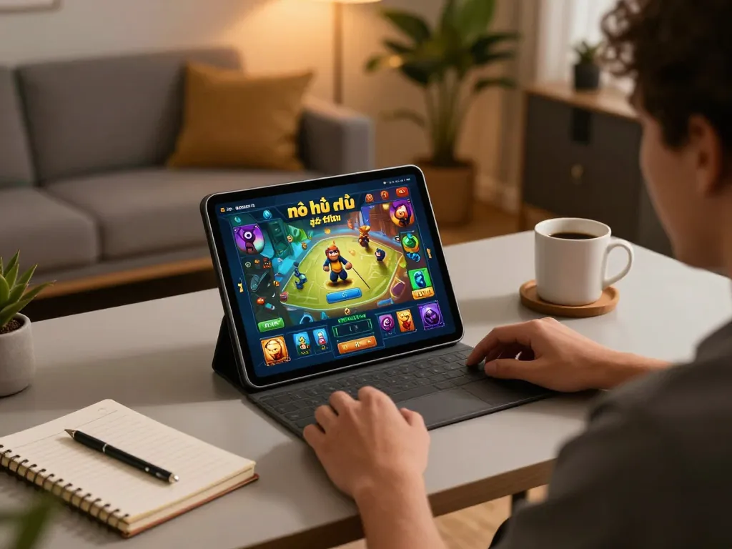 Nổ hũ đổi thưởng displayed on a tablet in an engaging and responsible home gaming environment.