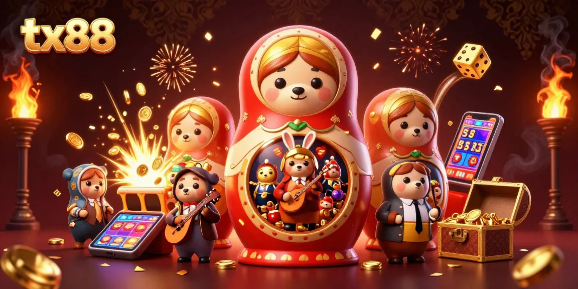 tx88 reveals a vibrant casino scene with Matryoshka bears and jackpot symbols.