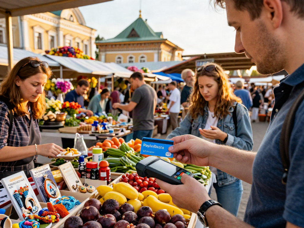 Un turista usando la tarjeta virtual de https://payinrussia.com/ en un mercado ruso vibrante lleno de productos frescos y artesanías locales.