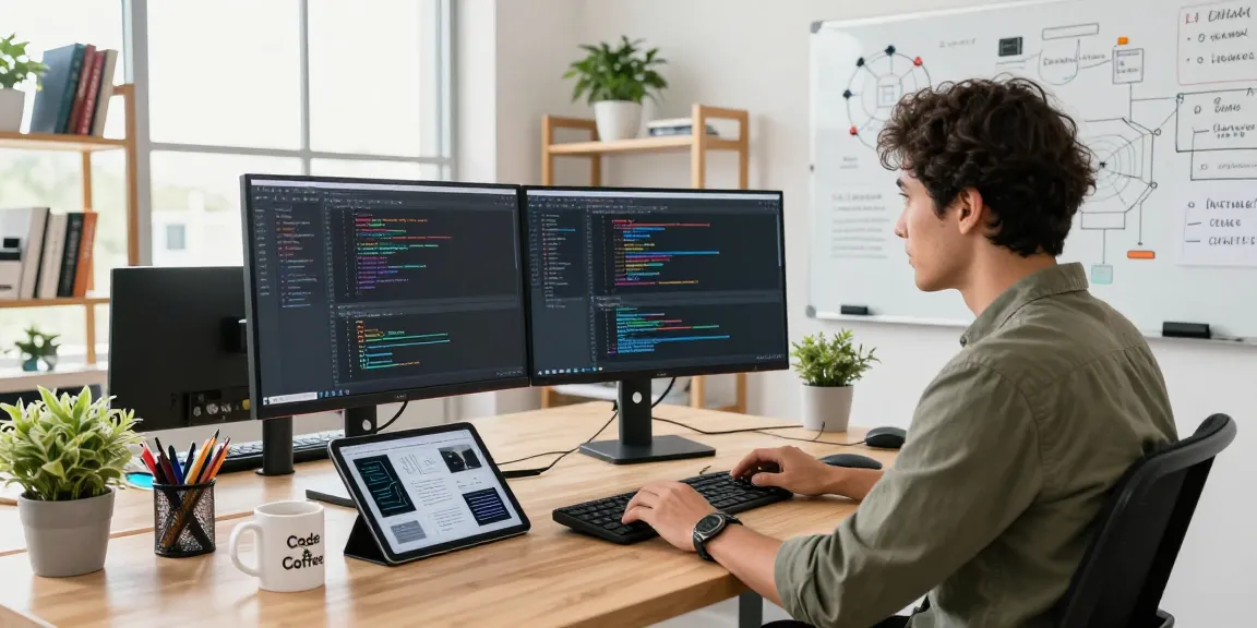 Build internal tools with AI in a modern software workspace, featuring a developer coding with innovative tools.