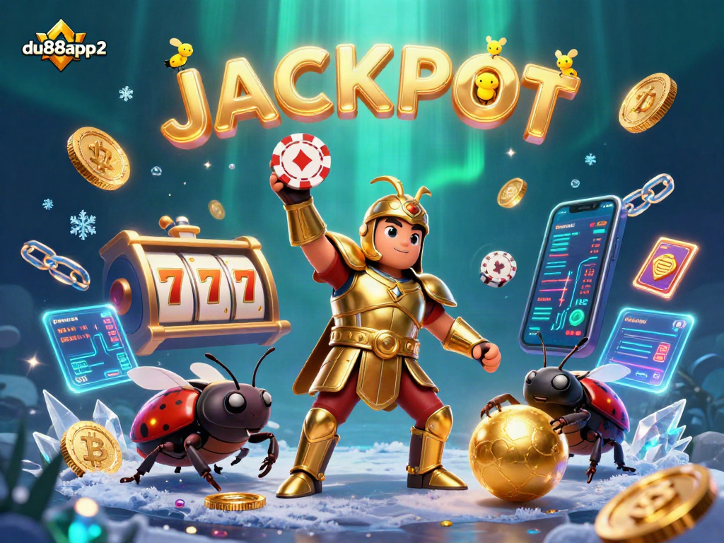 Engage with du88app2 as a victorious beetle lifts a poker chip in a casino-themed illustration.