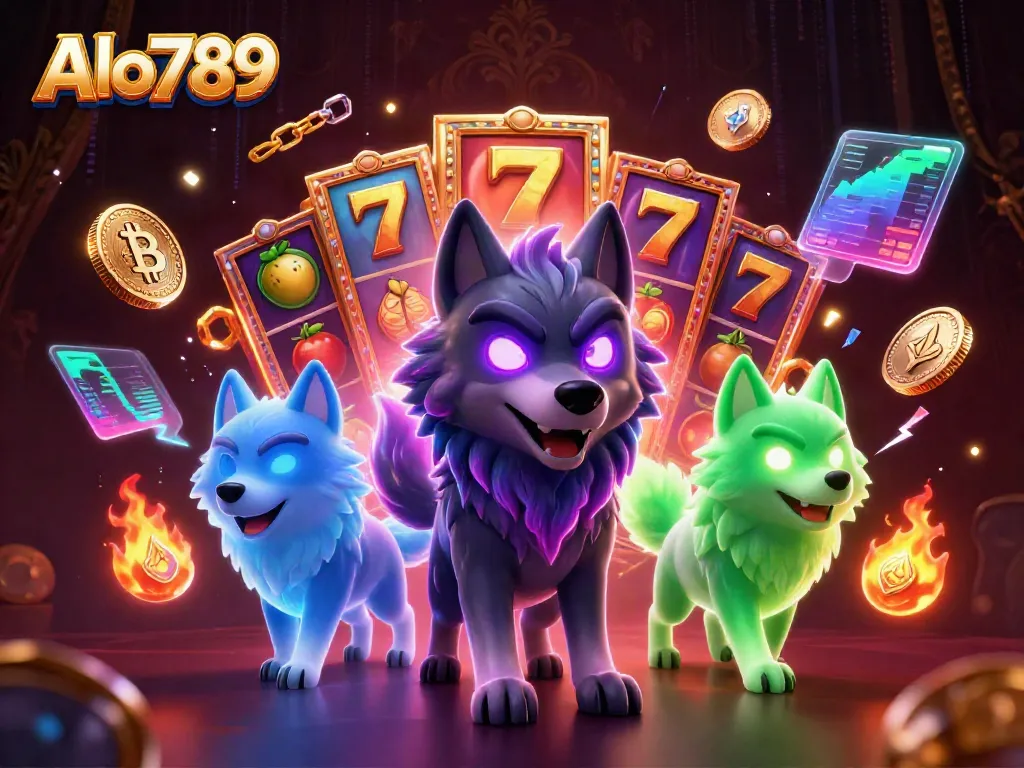 Alo789 captivates players with thrilling slot reels surrounded by mystical glowing wolf spirits and crypto coins.