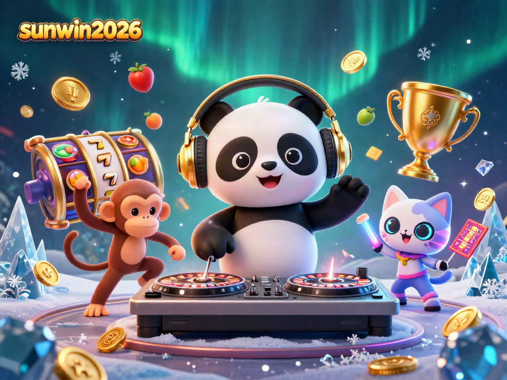 Spin and win with sunwin2026 in a lively casino scene featuring vibrant characters and slot elements.