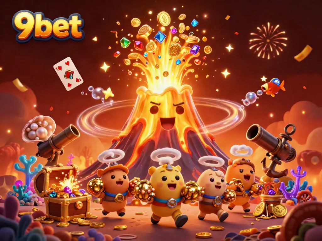 Experience the excitement at 9bet with a scene showcasing a golden volcano erupting treasure amid celebration.