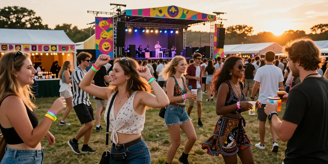 Attendees wearing pulsera monedero festival at a lively outdoor festival, enjoying contactless payments and vibrant atmosphere.